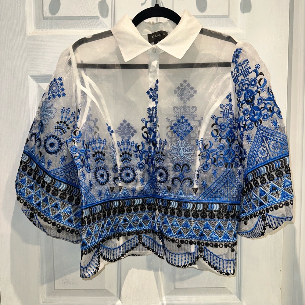 Gracia Blue and White Embroidered Blouse